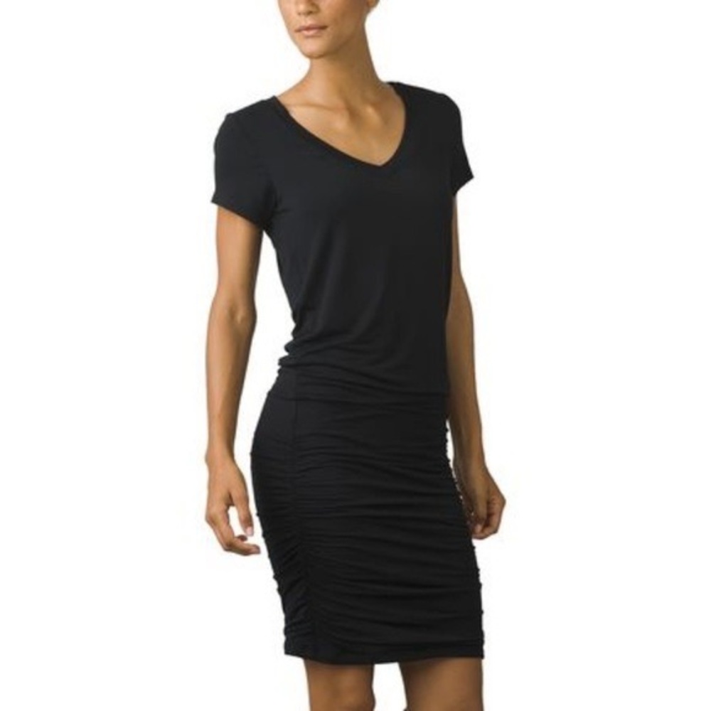 Prana Black Short Sleeve V-Neck Ruched Dress
